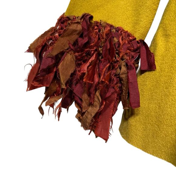 Cat Ballou Mustard Wool Fringe Jacket M Boho Leaf Trim Fall Statement Coat - Picture 4 of 15